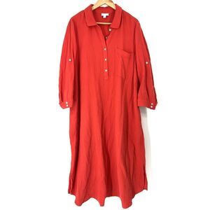 J Jill Dress Size XL Red Maxi Cottagecore Gauze Roll Tab Sleeve Boho Resort